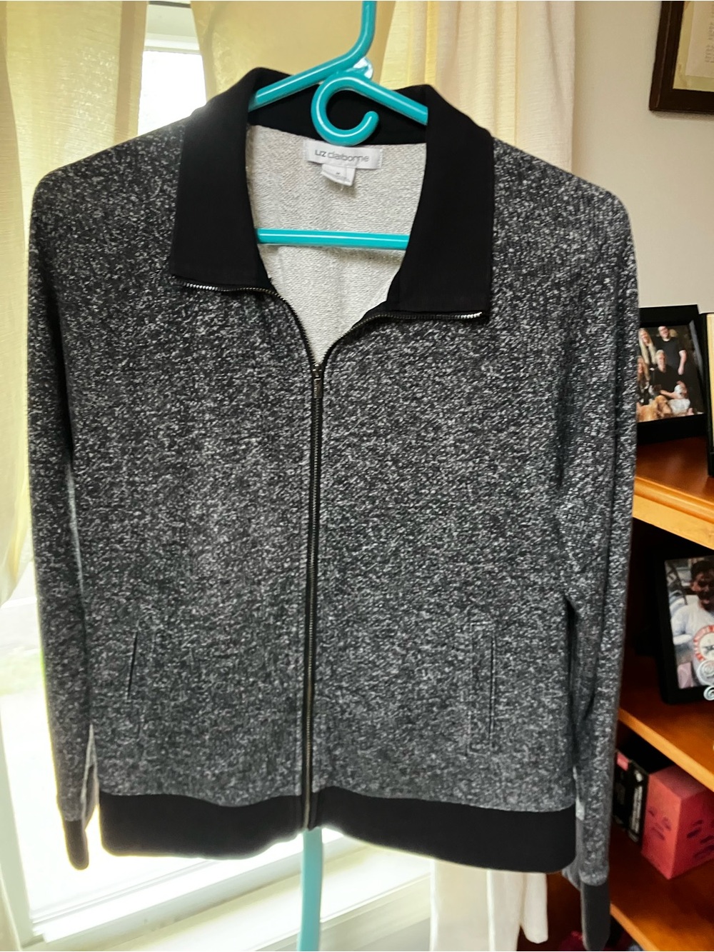 Liz Claiborne Black and Gray Marled athletic jacket with zipper.